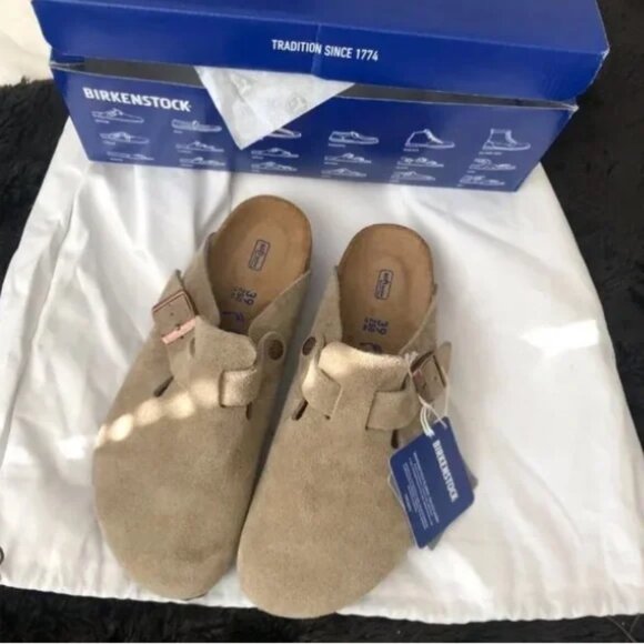 New Birkenstock Boston Taupe Suede Clog Sandal - Picture 3 of 4